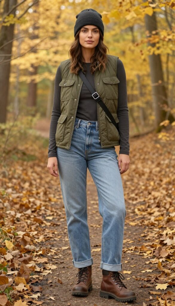 9. Utility Vest + Long-Sleeve Tee + Straight-Leg Jeans + Hiking Boots