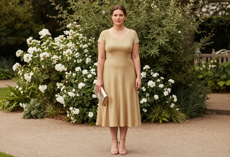 Woman in gold corset midi dress with nude heels at a garden wedding