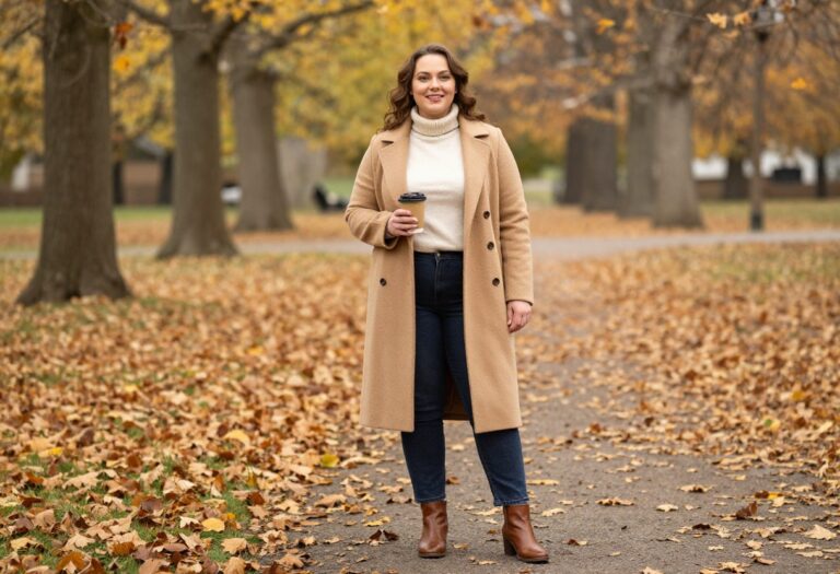 Plus size woman in fall outfit with camel coat, turtleneck, jeans, and ankle boots in autumn park.