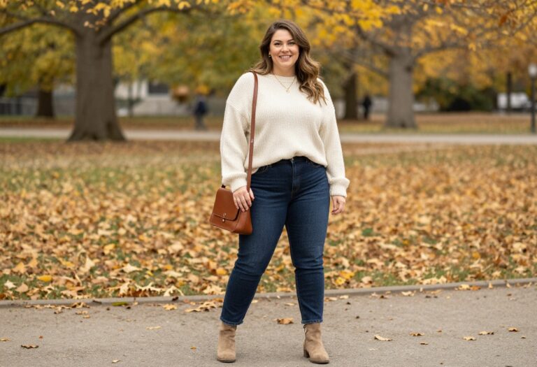 Plus size woman in fall outfit with chunky sweater, jeans, and ankle boots in autumn park