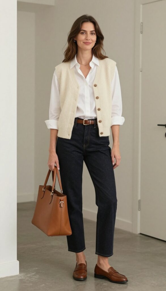 8. Knit Vest + Button-Down + Straight-Leg Jeans