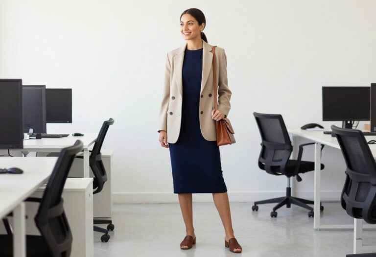 Pregnant woman in navy knit dress and beige blazer standing in a bright office, holding a tote bag