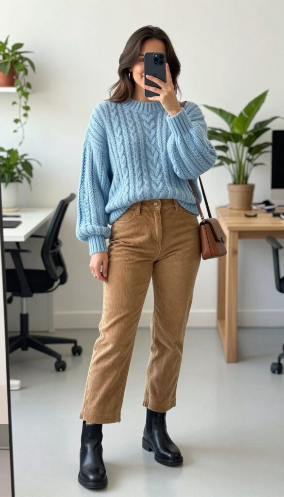 9. Cable Knit Sweater + Corduroy Pants + Boots