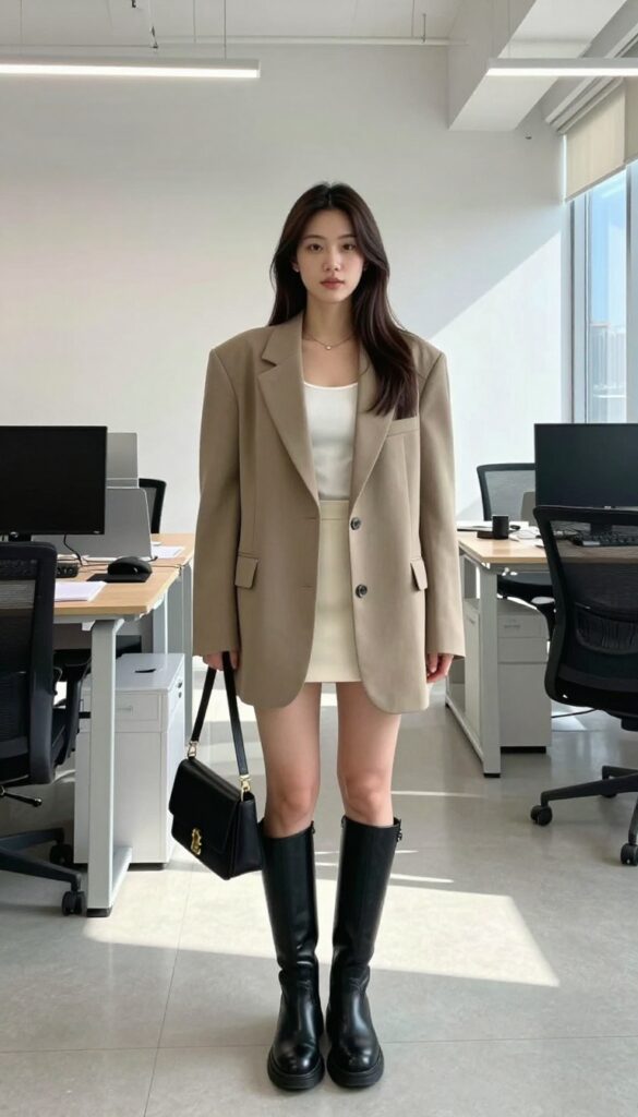 11. Long Blazer + Mini Skirt + Knee-High Boots