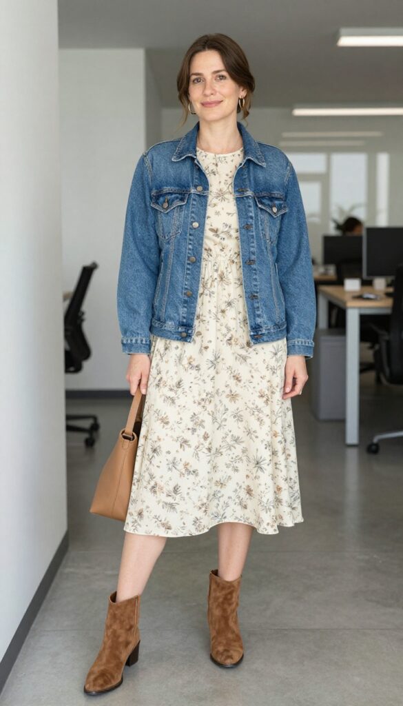 12. Denim Jacket with a Midi Dress