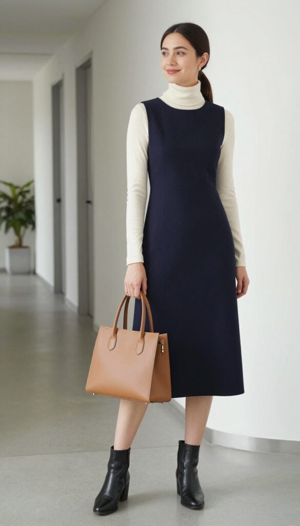 9. Turtleneck + Pinafore Dress + Ankle Boots
