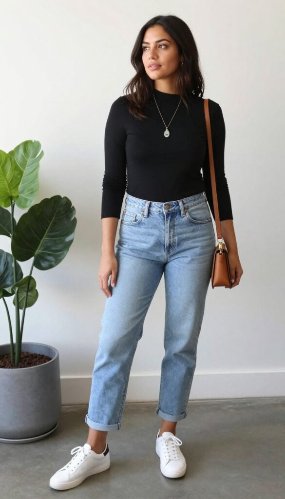 9. Black Mock Neck + Light Wash Boyfriend Jeans + White Sneakers