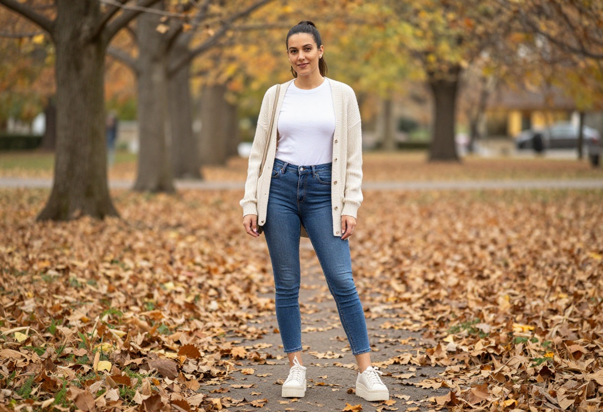 Woman in low-rise bootcut jeans, fitted tee, and cropped cardigan standing in autumn park