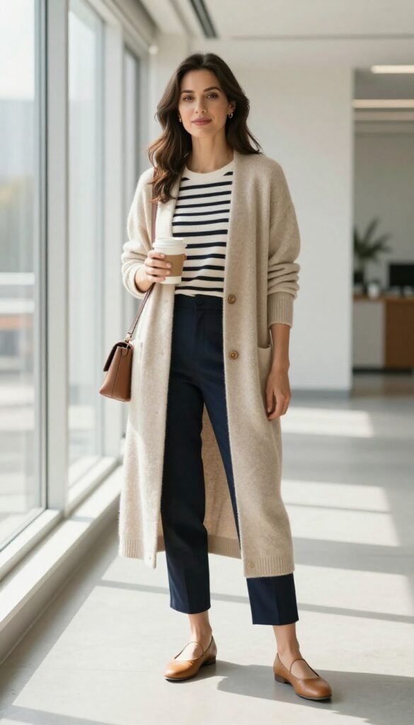 13. Long Cardigan + Striped Top + Cropped Pants + Flats