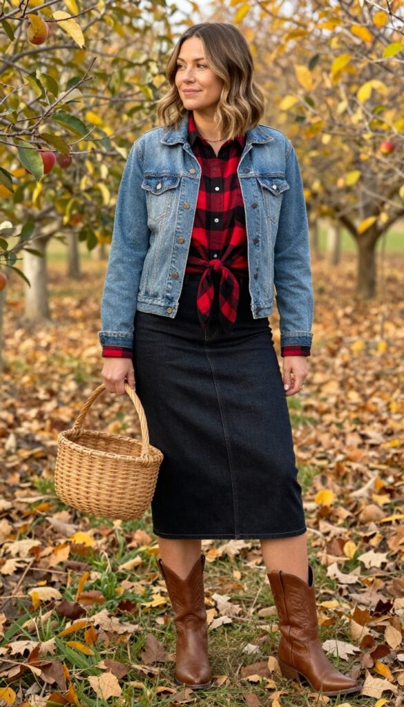 4. Denim Skirt with Western Boots and a Flannel Shirt