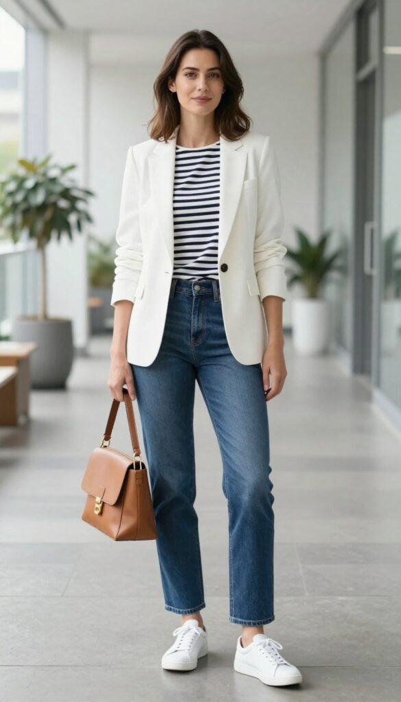 10. White Blazer with Striped Top and Blue Jeans