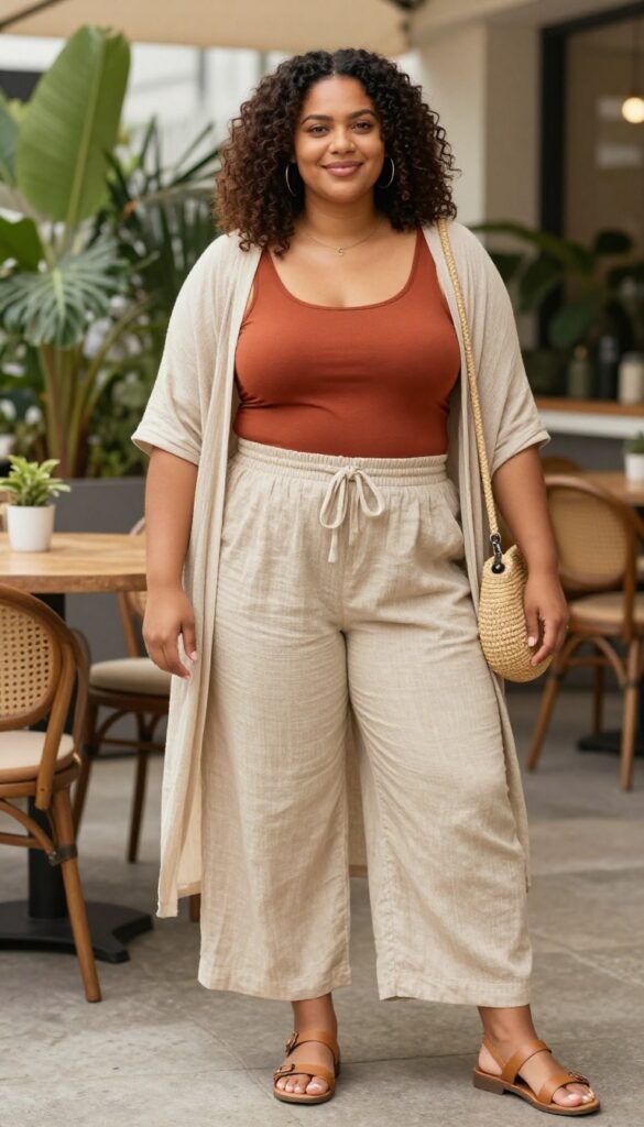 3. Beige Linen Wide-Leg Pants + Rust Tank + Kimono Cardigan