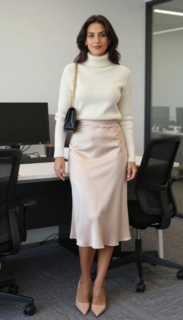 10. Satin Skirt + Turtleneck + Heeled Mules