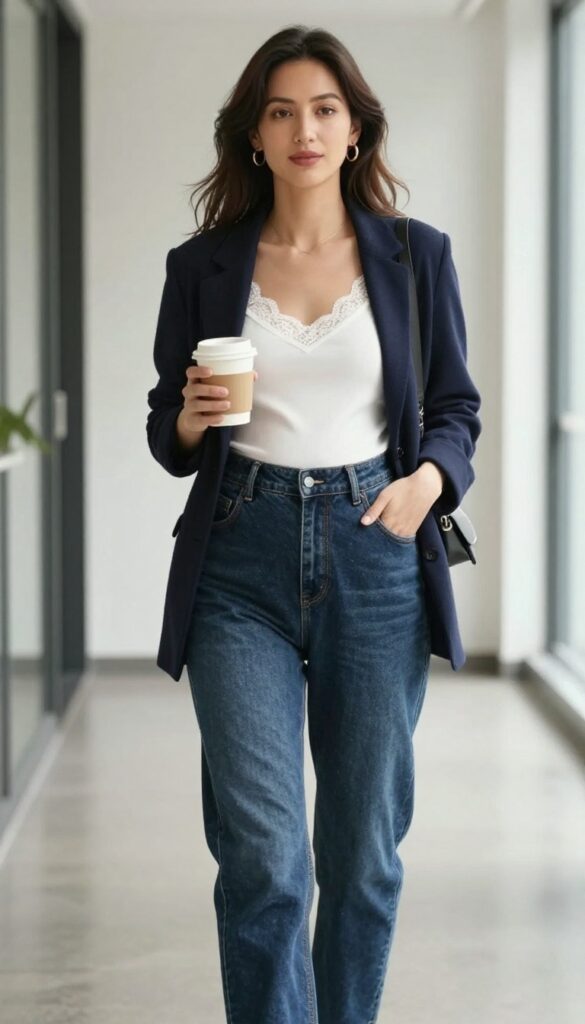 10. Maternity Blazer + Nursing-Friendly Camisole + Jeans