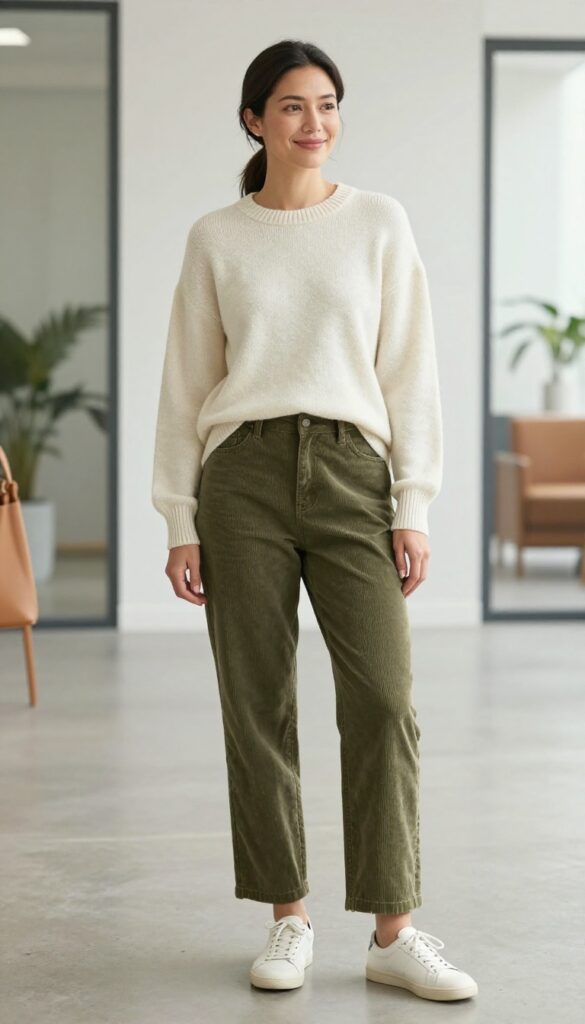 6. Corduroy Pants with a Soft Crewneck Sweater