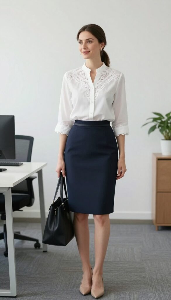 11. The Lace-Trimmed Blouse with A-Line Skirt