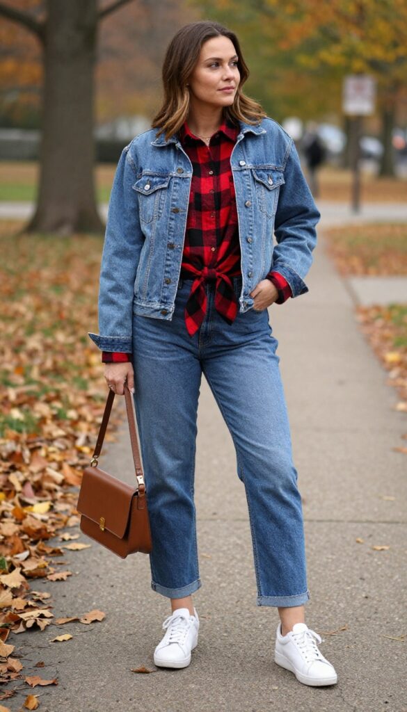 11. Jean Jacket + Plaid Shirt + Straight-Leg Jeans