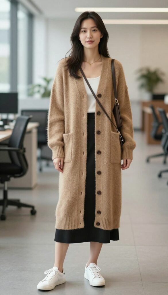 8. Cashmere Cardigan + Slip Skirt + Sneakers