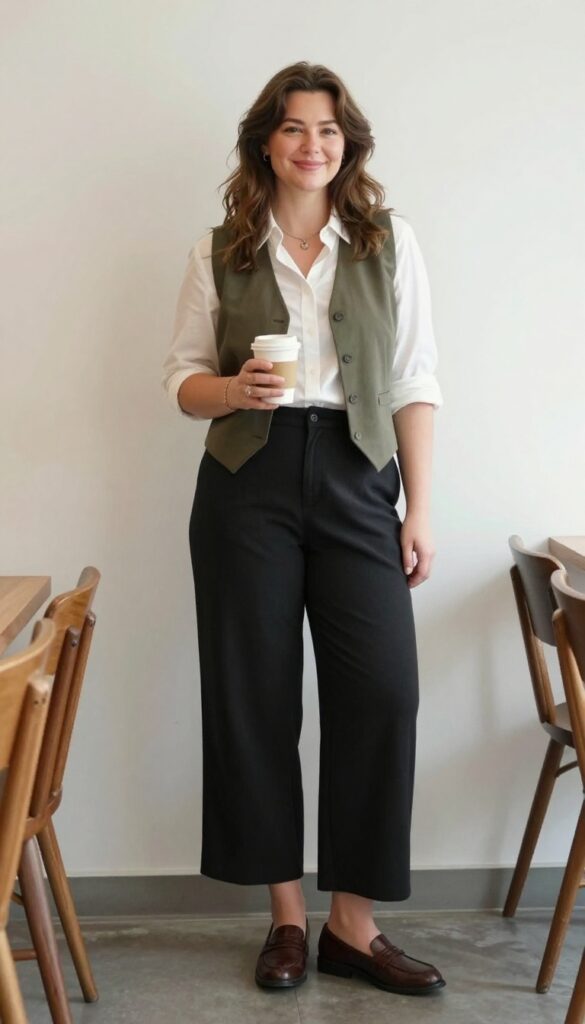 12. Vest Over a Button-Down Shirt with Culottes
