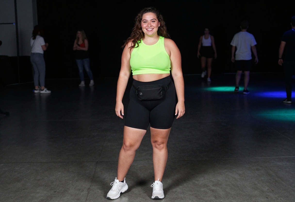 Plus size woman in neon green mesh crop top and black bike shorts posing under UV lights at a rave