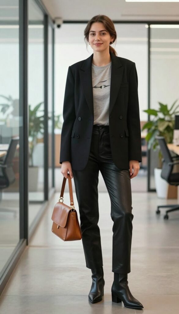 8. Blazer + Graphic Tee + Leather Pants