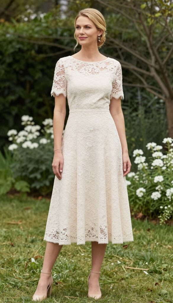 Blonde woman in blush lace boat neck wedding dress with three-quarter sleeves, standing in sunlit garden, wearing nude heels and pearl earrings, low chignon hairstyle.