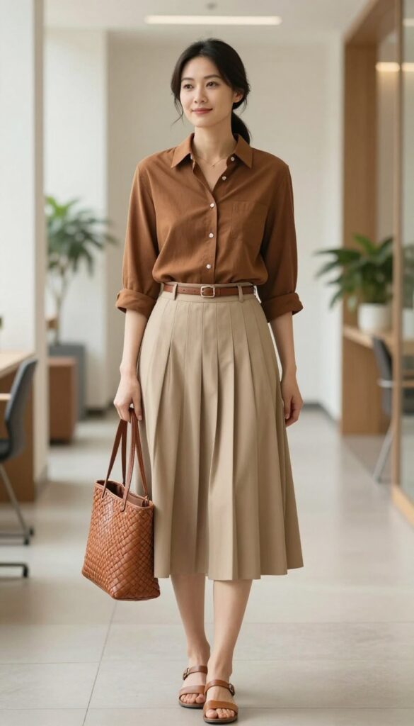 4. Brown Button-Down Shirt with Beige Pleated Skirt