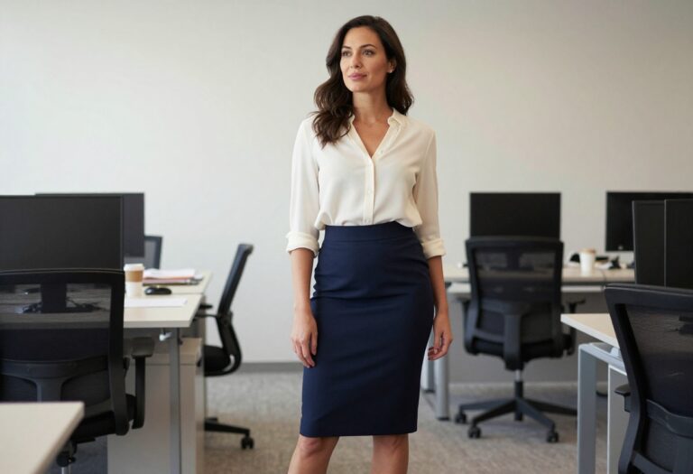 Woman in navy pencil skirt and cream blouse standing in office