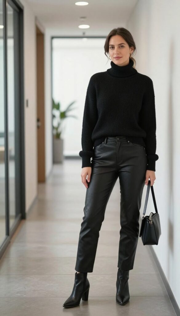 6. Turtleneck + Leather Pants + Heeled Boots