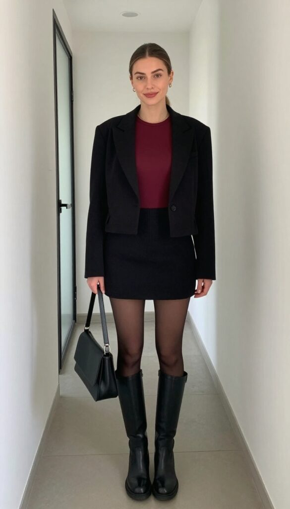 11. Bodysuit + Blazer + Mini Skirt + Tights