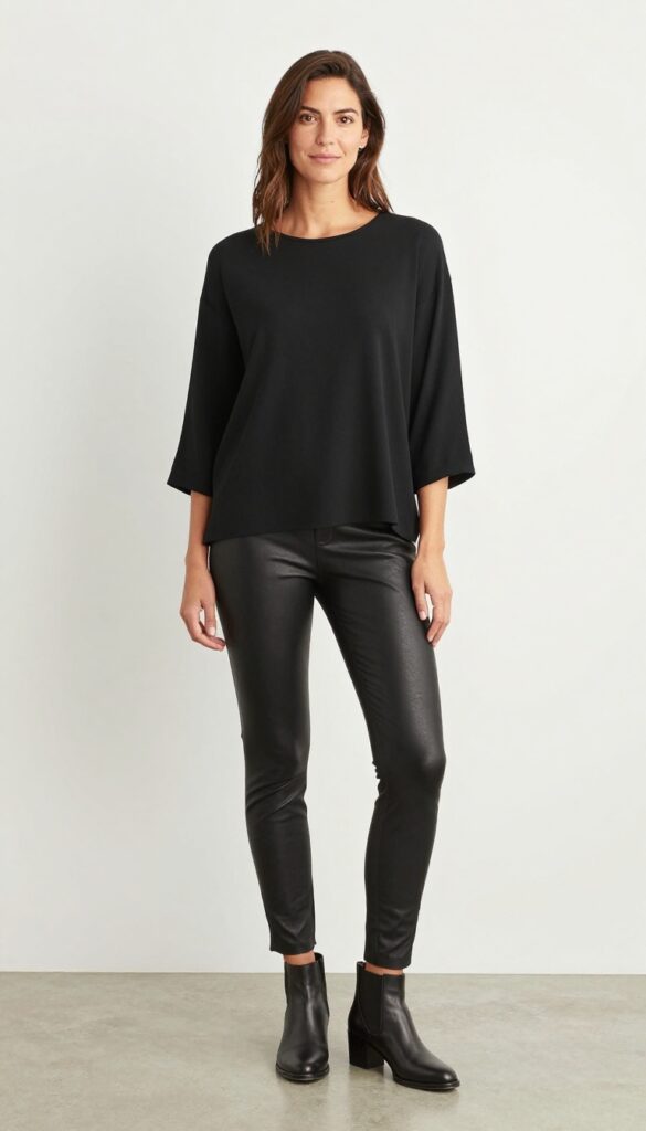 5. Black Tunic Top with Faux Leather Leggings and Ankle Boots
