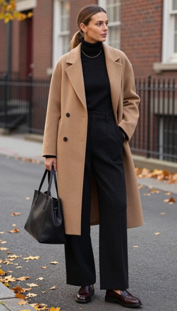 1. Camel Coat + Black Turtleneck + Wide-Leg Trousers