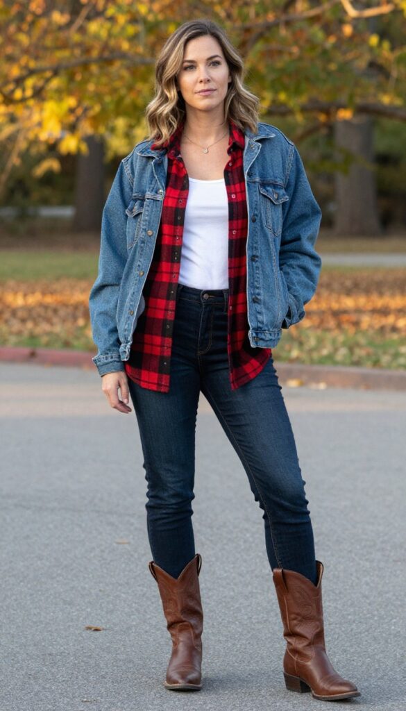 3. Plaid Flannel + Dark Wash Bootcut Jeans + Roper Boots