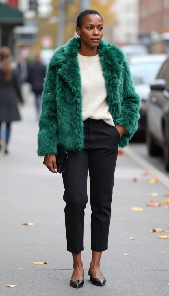 10. Faux Fur Jacket + Cashmere Sweater + Tailored Pants + Pointed Flats