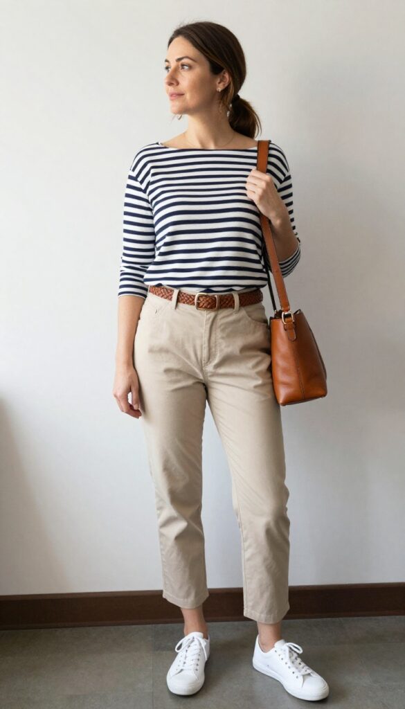 7. Cropped Pants + Striped Top + Slip-On Sneakers