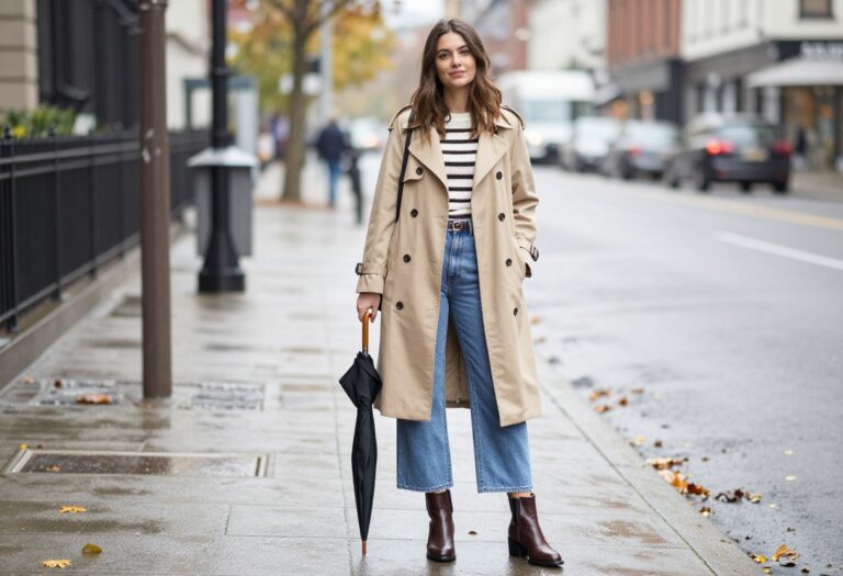 Woman in beige trench coat and wide-leg jeans standing in rain with umbrella