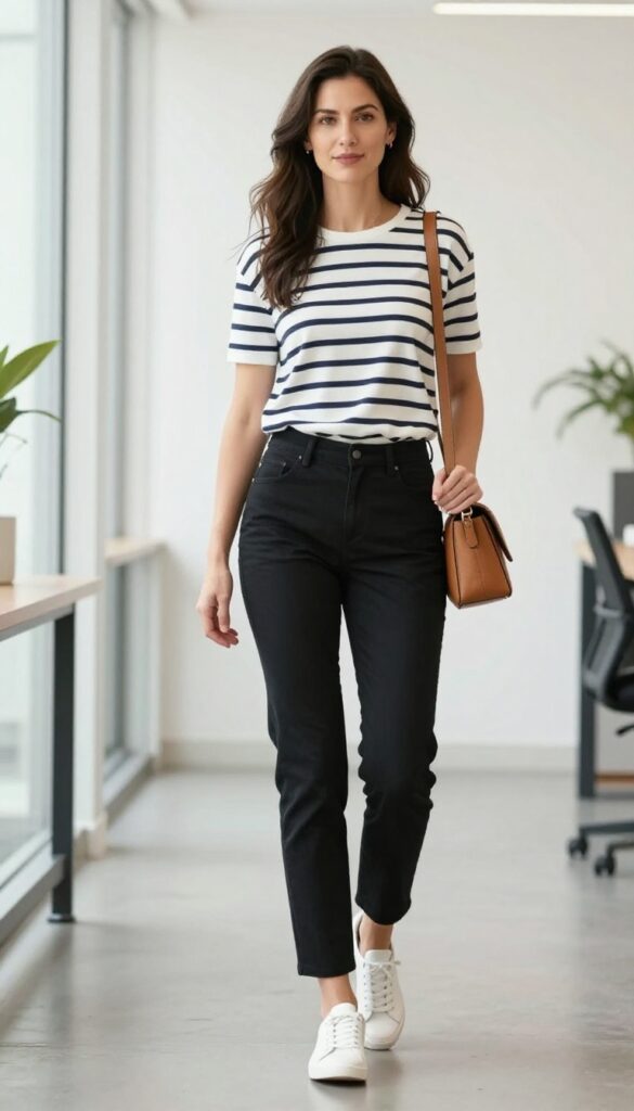 2. Striped Breton Top + Black Pants + White Sneakers
