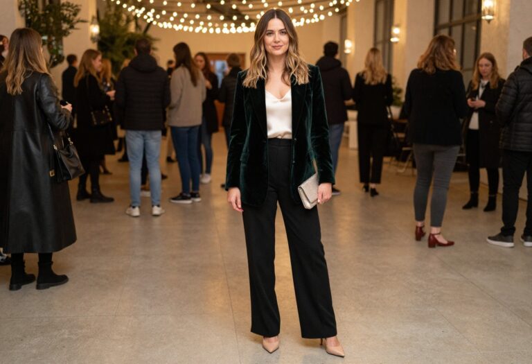 Woman in velvet blazer and wide-leg trousers at a work gala