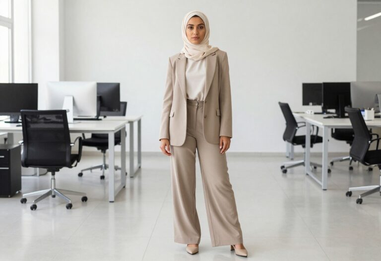 Woman in hijab wearing a tailored blazer and wide-leg trousers in a modern office lobby