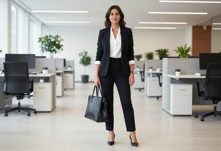 Woman in black blazer and trousers standing in office lobby