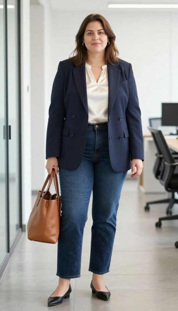 2. Navy Blazer over a Silk Shell and Dark Jeans