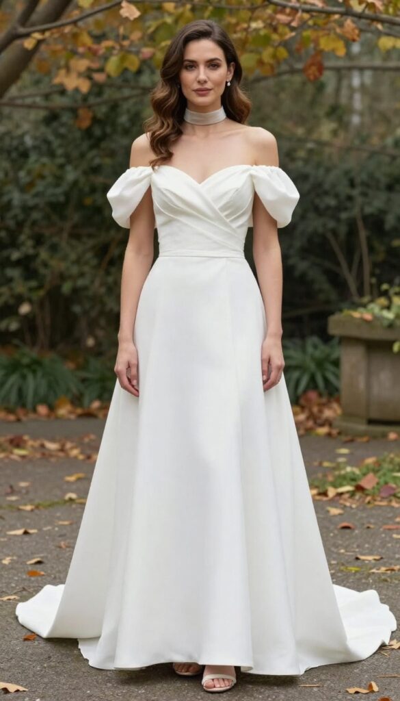 Young adult woman with fair skin and blonde hair in an off-shoulder white wedding gown with puffy sleeves, standing in a garden with autumn leaves.