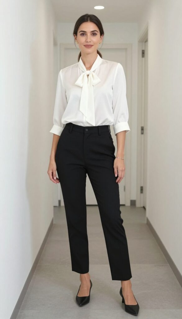 10. Blouse with Bow Detail + Cigarette Pants + Pointed Flats