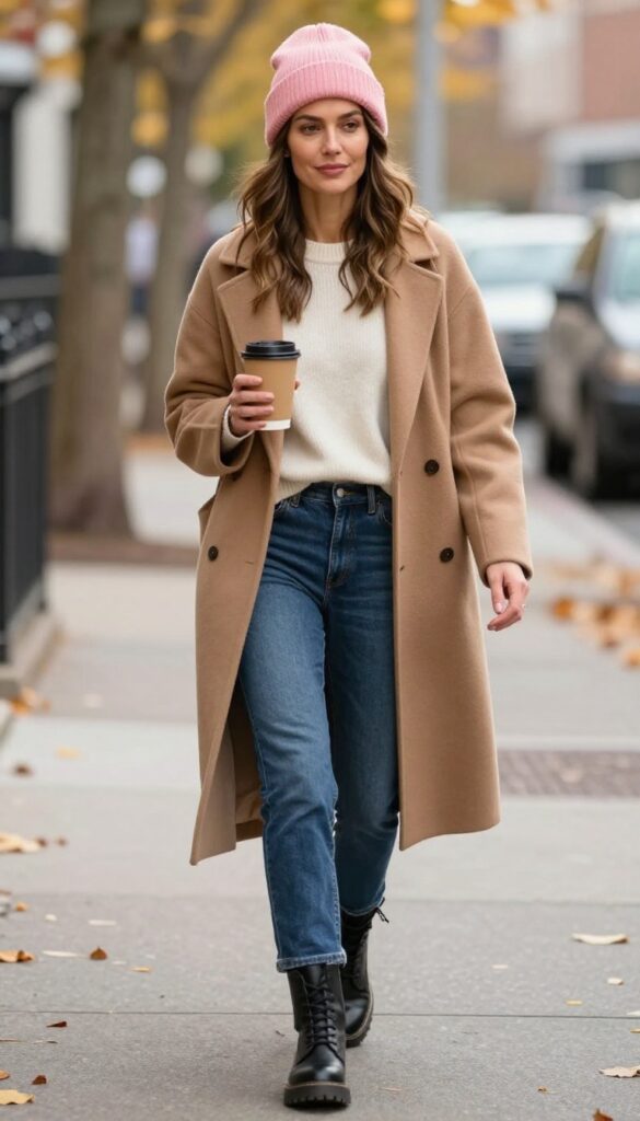 9. Pink Cashmere Beanie with Oversized Coat and Bootcut Jeans