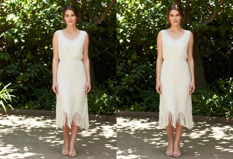 Woman in vintage 1920s beaded chemise wedding dress with fringe and nude sandals, standing in a sunlit garden.