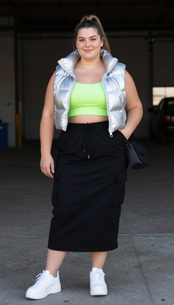 11. Reflective Puffer Vest over a Neon Crop Top and Cargo Skirt