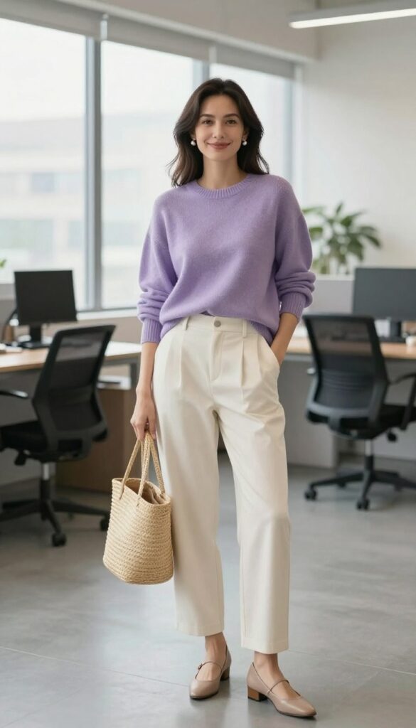11. Lavender Sweater + Cream Trousers + Pearl Accessories