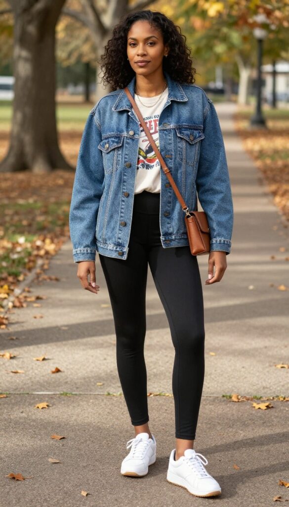 2. Denim Jacket + Graphic Tee + Leggings + White Sneakers