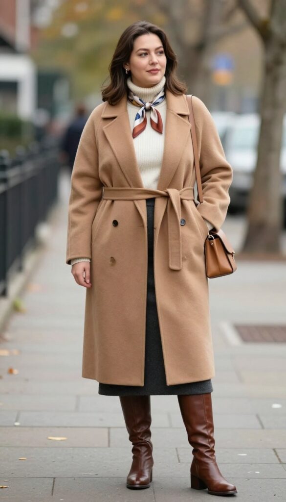 3. Camel Wrap Coat with a Turtleneck and Midi Skirt