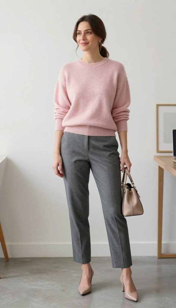 5. Pastel Pink Sweater + Gray Straight-Leg Pants + Nude Heels
